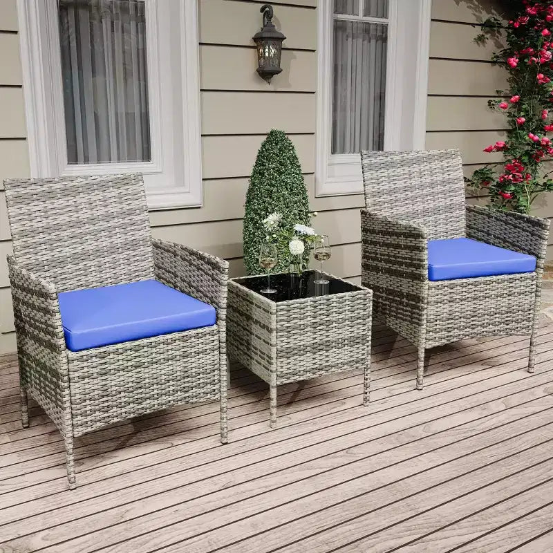3-Piece Outdoor Patio Furniture Set, PE Rattan Wicker Chairs with Cushions and Tempered Glass Coffee Table for Backyard Porch Garden Poolside