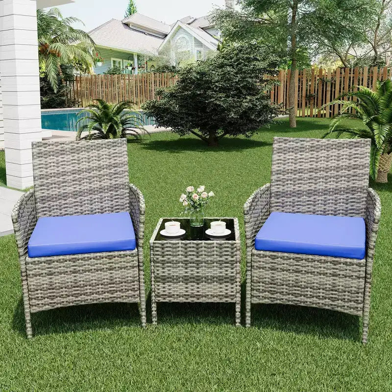 3-Piece Outdoor Patio Furniture Set, PE Rattan Wicker Chairs with Cushions and Tempered Glass Coffee Table for Backyard Porch Garden Poolside