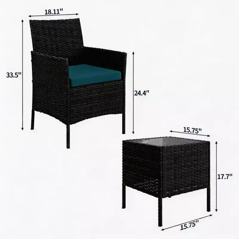 3-Piece Outdoor Patio Furniture Set, PE Rattan Wicker Chairs with Cushions and Tempered Glass Coffee Table for Backyard Porch Garden Poolside