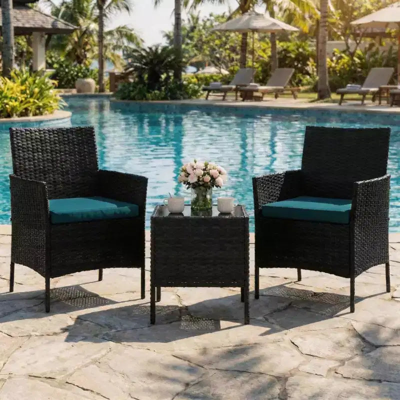3-Piece Outdoor Patio Furniture Set, PE Rattan Wicker Chairs with Cushions and Tempered Glass Coffee Table for Backyard Porch Garden Poolside