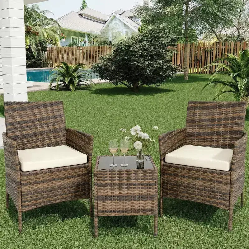 3-Piece Outdoor Patio Furniture Set, PE Rattan Wicker Chairs with Cushions and Tempered Glass Coffee Table for Backyard Porch Garden Poolside