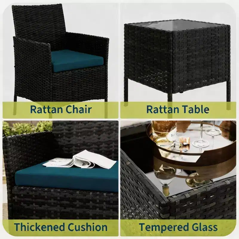 3-Piece Outdoor Patio Furniture Set, PE Rattan Wicker Chairs with Cushions and Tempered Glass Coffee Table for Backyard Porch Garden Poolside