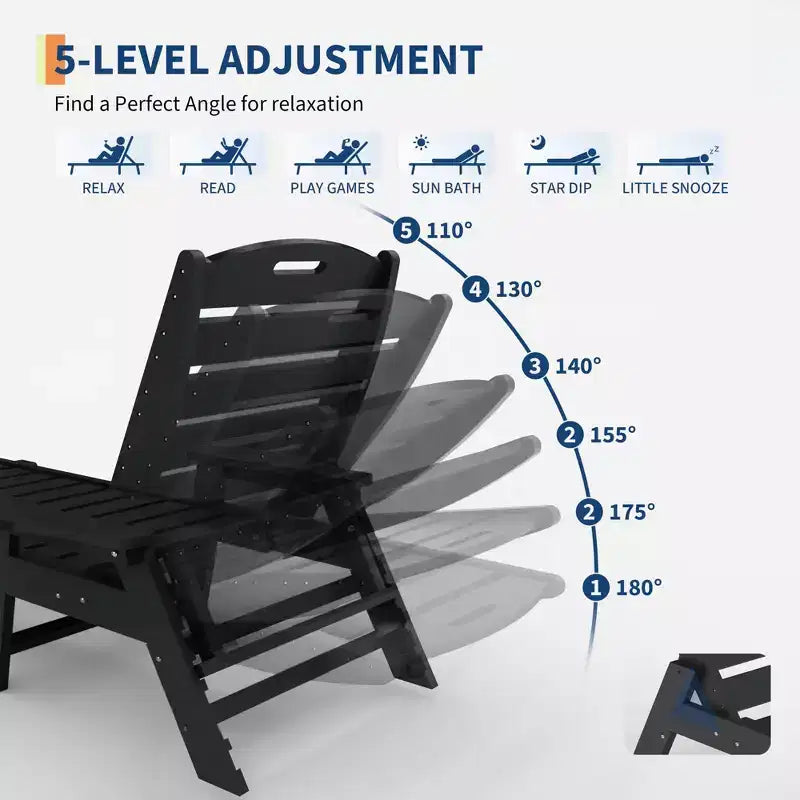 Durable HDPE Folding Chaise Lounge Chairs, 2-Pack5 Position Adjustable Recliner with Cup Holder Weather-Resistant for Deck, Poolside, Garden, Balcony