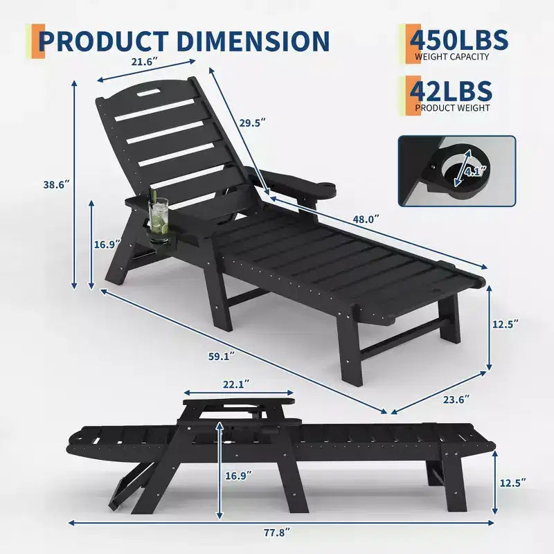 Durable HDPE Folding Chaise Lounge Chairs, 2-Pack5 Position Adjustable Recliner with Cup Holder Weather-Resistant for Deck, Poolside, Garden, Balcony