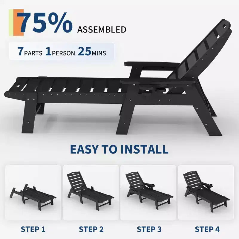 Durable HDPE Folding Chaise Lounge Chairs, 2-Pack5 Position Adjustable Recliner with Cup Holder Weather-Resistant for Deck, Poolside, Garden, Balcony