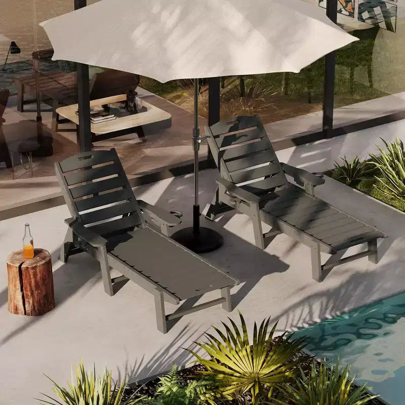 Durable HDPE Folding Chaise Lounge Chairs, 2-Pack5 Position Adjustable Recliner with Cup Holder Weather-Resistant for Deck, Poolside, Garden, Balcony