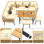 6-Piece Patio Sectional Sofa Chair Set,Boho Wicker Conversation Set with Cushions and Plastic Wood Dining Table, for Backyard,Garden,Porch,Balcony
