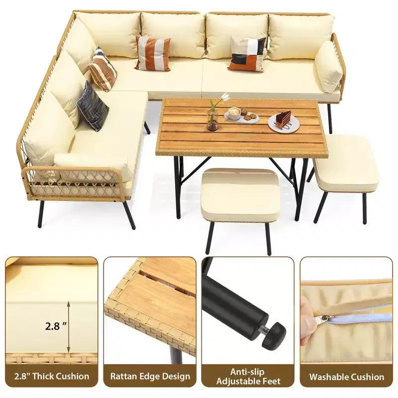 6-Piece Patio Sectional Sofa Chair Set,Boho Wicker Conversation Set with Cushions and Plastic Wood Dining Table, for Backyard,Garden,Porch,Balcony