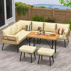 6-Piece Patio Sectional Sofa Chair Set,Boho Wicker Conversation Set with Cushions and Plastic Wood Dining Table, for Backyard,Garden,Porch,Balcony