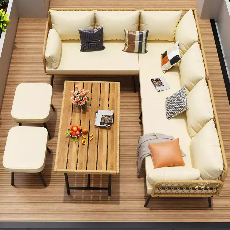 6-Piece Patio Sectional Sofa Chair Set,Boho Wicker Conversation Set with Cushions and Plastic Wood Dining Table, for Backyard,Garden,Porch,Balcony