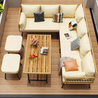 6-Piece Patio Sectional Sofa Chair Set,Boho Wicker Conversation Set with Cushions and Plastic Wood Dining Table, for Backyard,Garden,Porch,Balcony