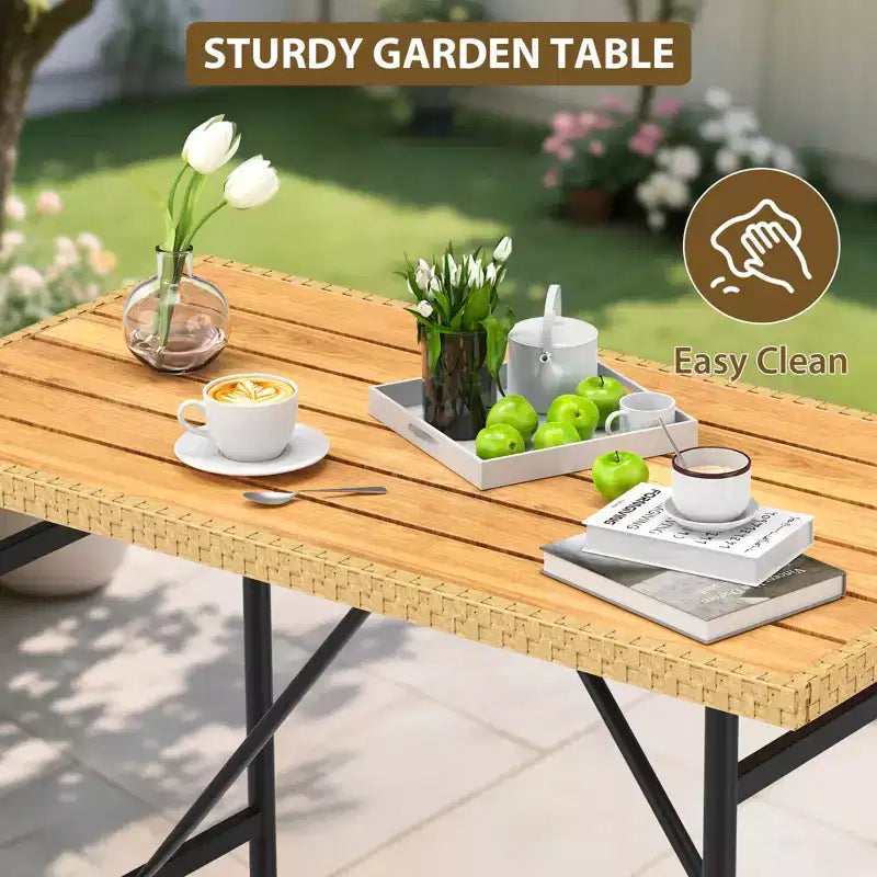 6-Piece Patio Sectional Sofa Chair Set,Boho Wicker Conversation Set with Cushions and Plastic Wood Dining Table, for Backyard,Garden,Porch,Balcony