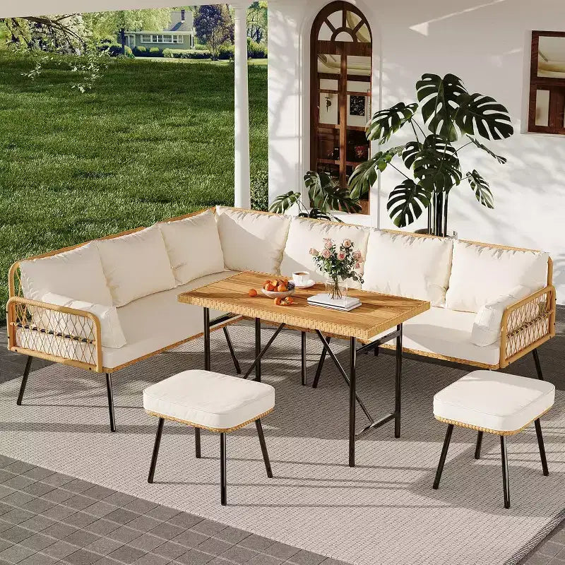 6-Piece Patio Sectional Sofa Chair Set,Boho Wicker Conversation Set with Cushions and Plastic Wood Dining Table, for Backyard,Garden,Porch,Balcony