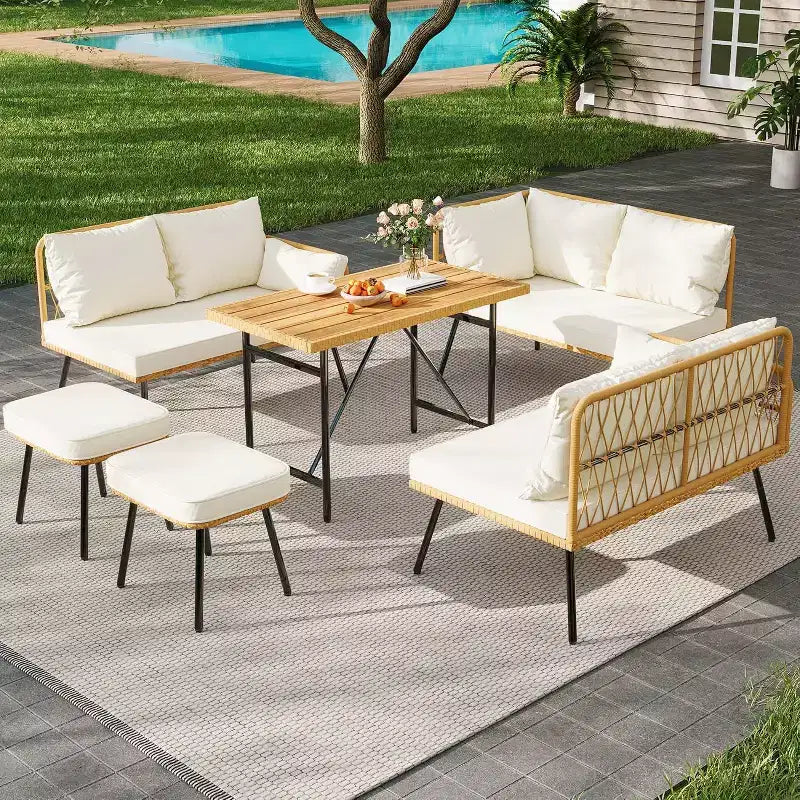 6-Piece Patio Sectional Sofa Chair Set,Boho Wicker Conversation Set with Cushions and Plastic Wood Dining Table, for Backyard,Garden,Porch,Balcony