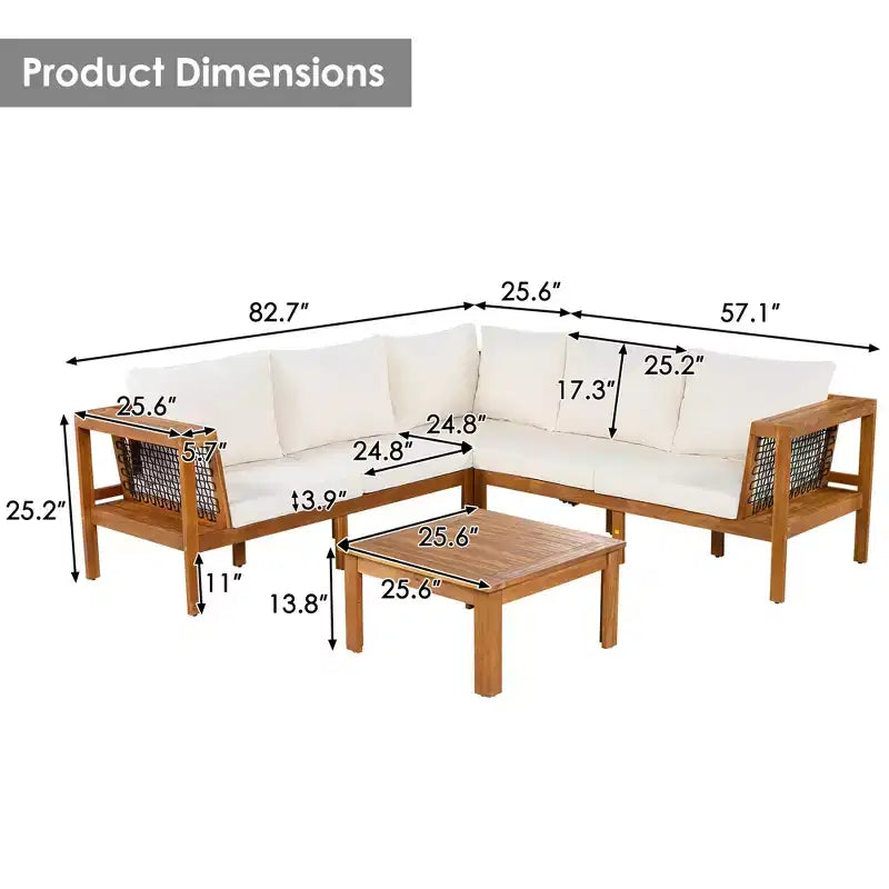ModernLuxe Ensemble de canapés de jardin en L 4 pièces, en bois d'acacia, avec accoudoirs en corde tressée et table basse