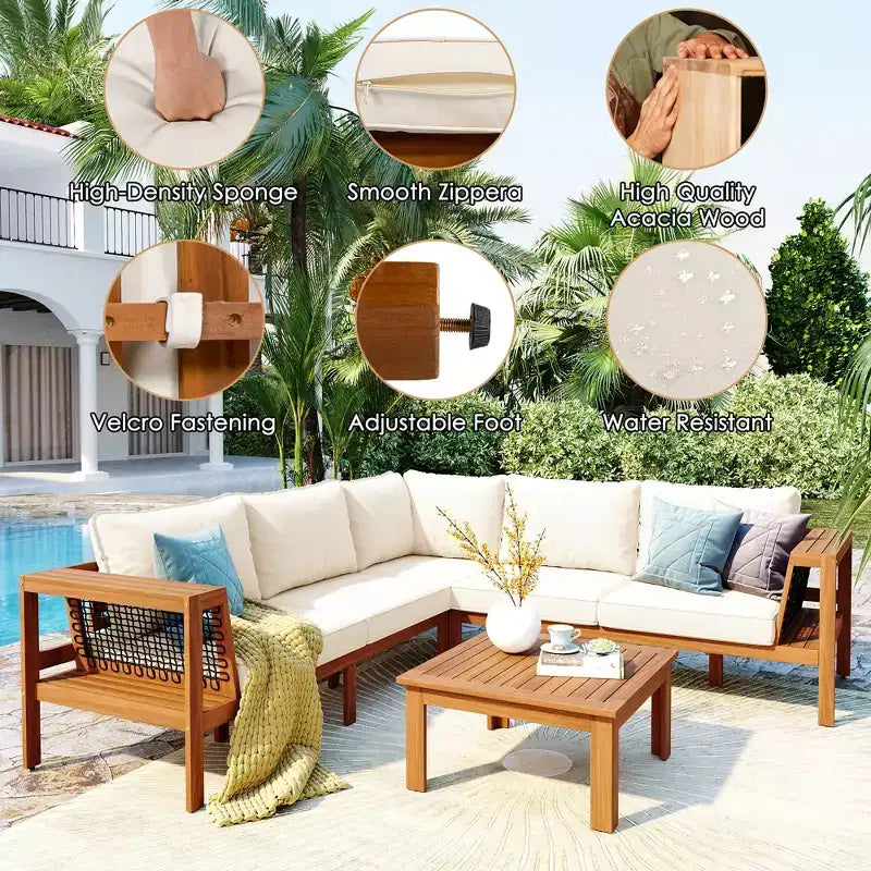 ModernLuxe Ensemble de canapés de jardin en L 4 pièces, en bois d'acacia, avec accoudoirs en corde tressée et table basse
