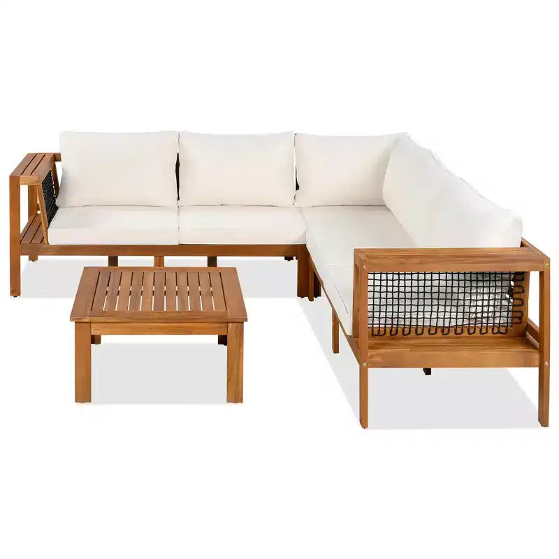 ModernLuxe Ensemble de canapés de jardin en L 4 pièces, en bois d'acacia, avec accoudoirs en corde tressée et table basse