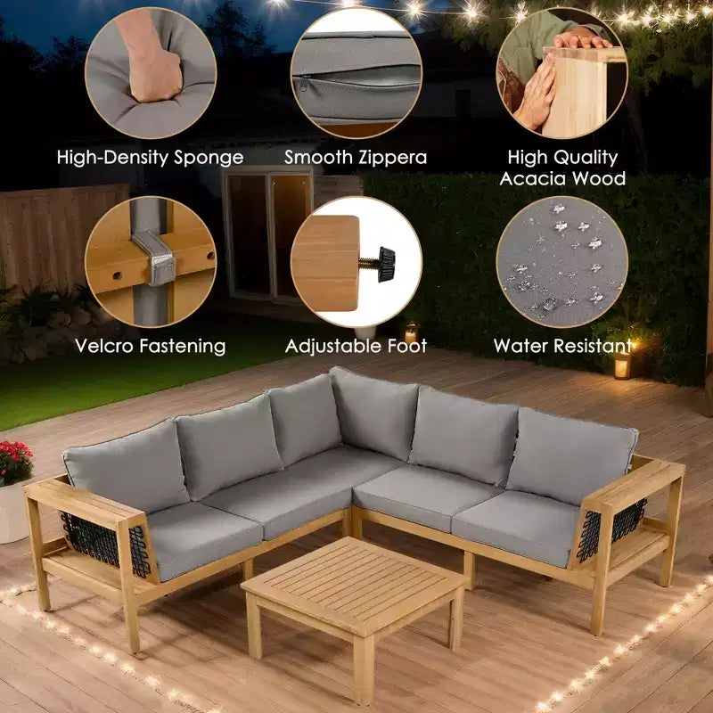 ModernLuxe Ensemble de canapés de jardin en L 4 pièces, en bois d'acacia, avec accoudoirs en corde tressée et table basse