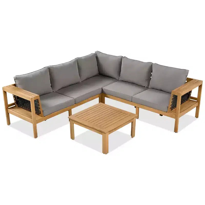 ModernLuxe Ensemble de canapés de jardin en L 4 pièces, en bois d'acacia, avec accoudoirs en corde tressée et table basse