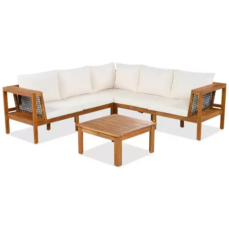 ModernLuxe Ensemble de canapés de jardin en L 4 pièces, en bois d'acacia, avec accoudoirs en corde tressée et table basse