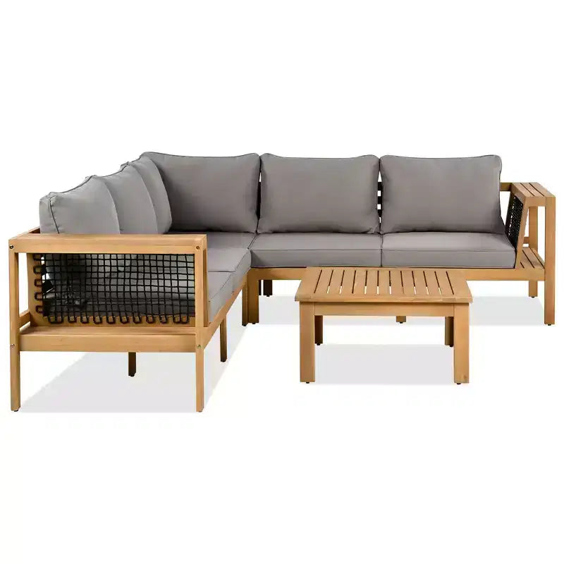 ModernLuxe Ensemble de canapés de jardin en L 4 pièces, en bois d'acacia, avec accoudoirs en corde tressée et table basse