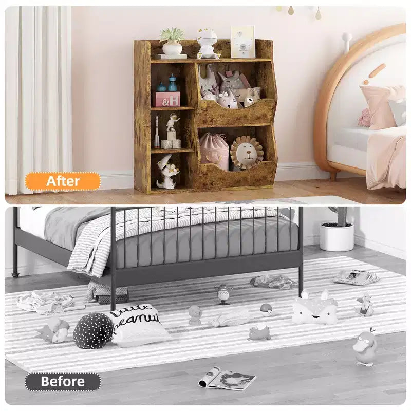 Kids Toy Storage Organizer  5-Cubby Bookshelf with Tilt-Front Bins, Wooden Storage Cabinet for Playroom, Nursery, Classroom, Kindergarten