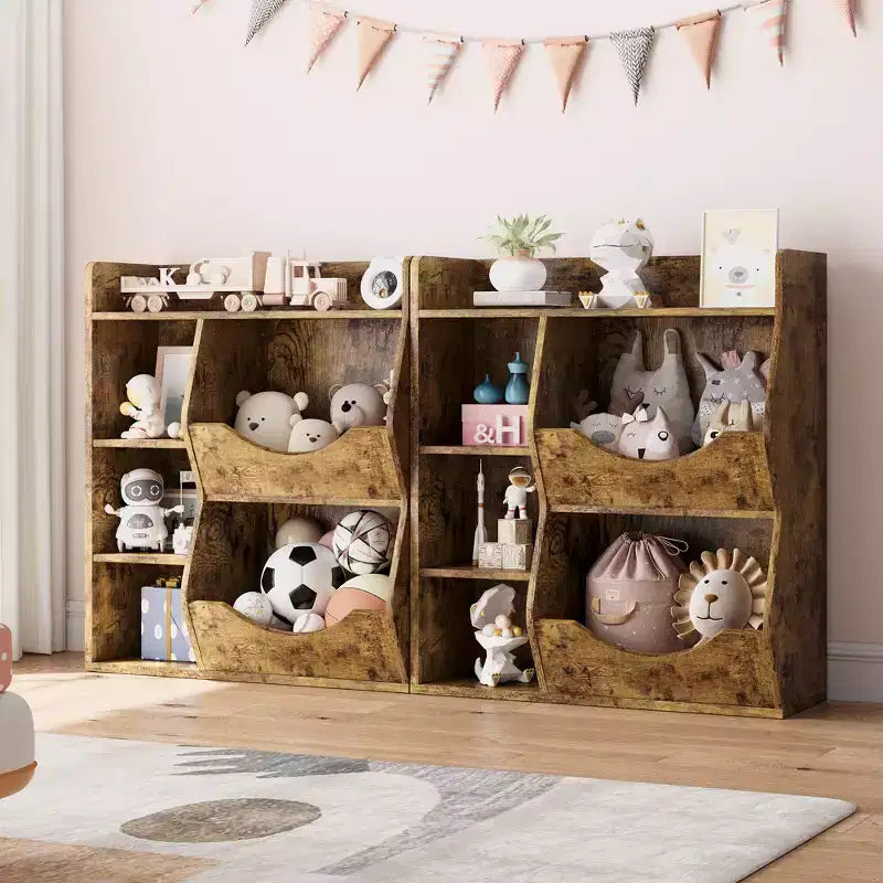 Kids Toy Storage Organizer  5-Cubby Bookshelf with Tilt-Front Bins, Wooden Storage Cabinet for Playroom, Nursery, Classroom, Kindergarten
