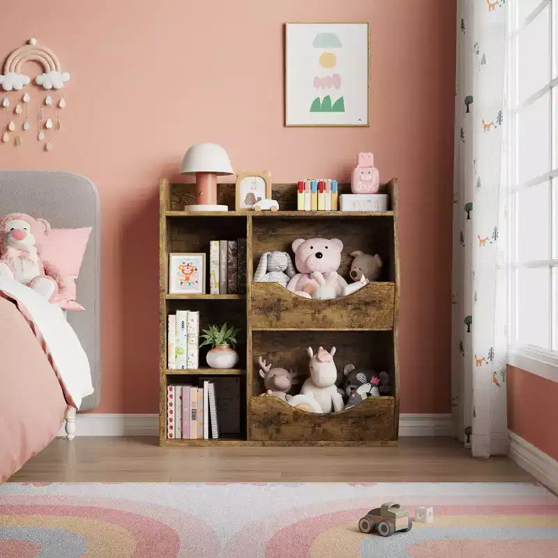 Kids Toy Storage Organizer  5-Cubby Bookshelf with Tilt-Front Bins, Wooden Storage Cabinet for Playroom, Nursery, Classroom, Kindergarten