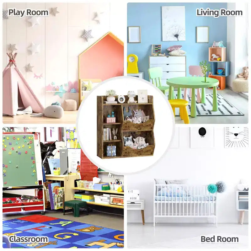 Kids Toy Storage Organizer  5-Cubby Bookshelf with Tilt-Front Bins, Wooden Storage Cabinet for Playroom, Nursery, Classroom, Kindergarten