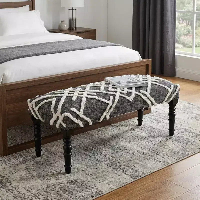 HomeRoots 47 Gray And White Geometric Cotton Upholstered Distressed Bench