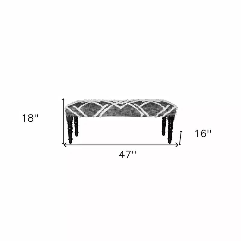 HomeRoots 47 Gray And White Geometric Cotton Upholstered Distressed Bench