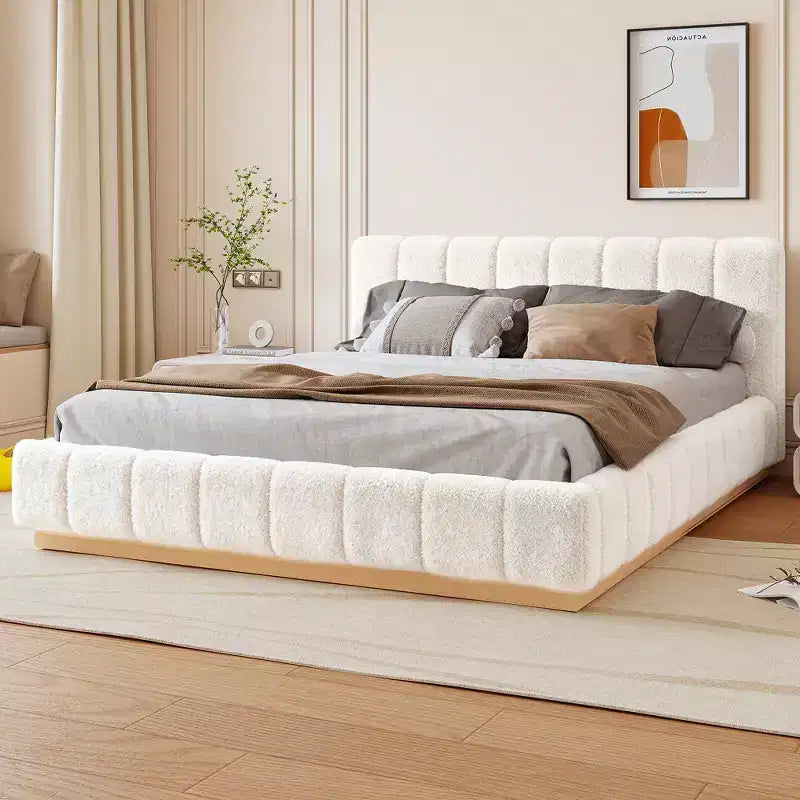 Cadre de lit plateforme Queen/King Size, Lit bas rembourré en Boucle avec base en bois pour chambre à coucher, appartement - ModernLuxe