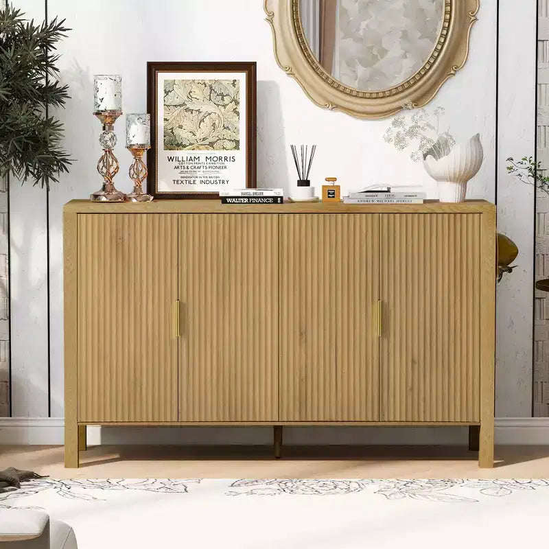 GDFStudio Flores Modern 57.5 Stripe Door Storage Cabinet, 4-Door Sideboard with Side Hooks