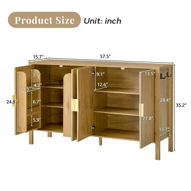 GDFStudio Flores Modern 57.5 Stripe Door Storage Cabinet, 4-Door Sideboard with Side Hooks