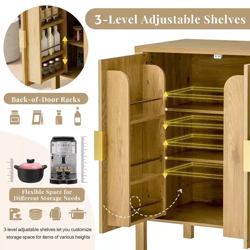 GDFStudio Flores Modern 57.5 Stripe Door Storage Cabinet, 4-Door Sideboard with Side Hooks