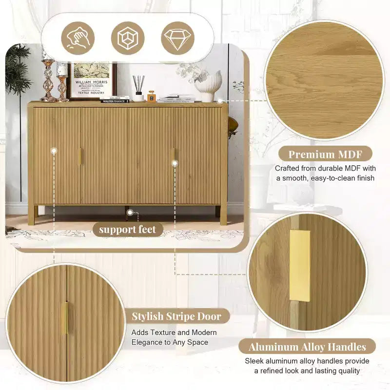 GDFStudio Flores Modern 57.5 Stripe Door Storage Cabinet, 4-Door Sideboard with Side Hooks
