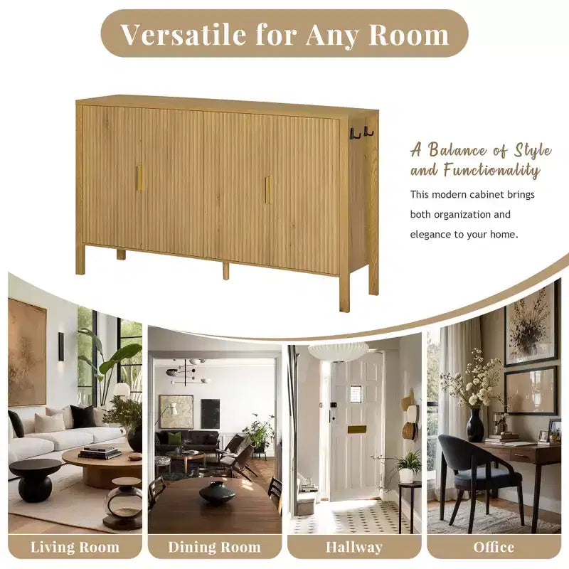 GDFStudio Flores Modern 57.5 Stripe Door Storage Cabinet, 4-Door Sideboard with Side Hooks