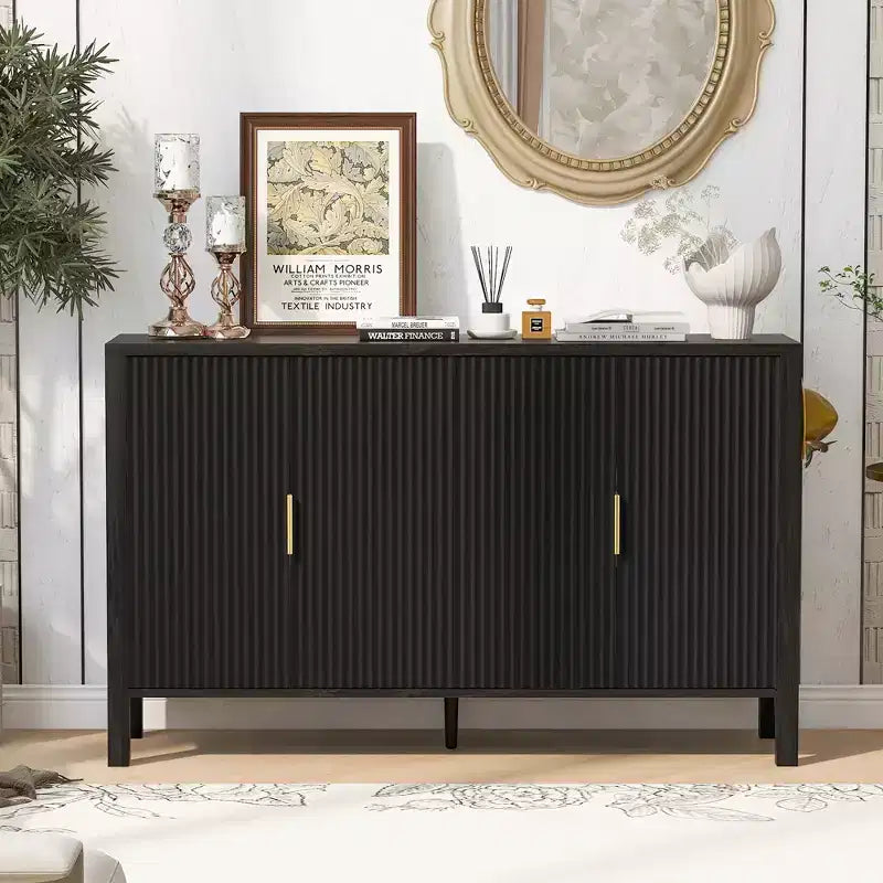 GDFStudio Flores Modern 57.5 Stripe Door Storage Cabinet, 4-Door Sideboard with Side Hooks