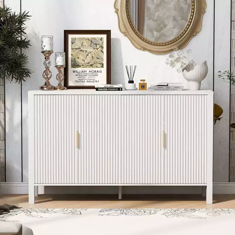 GDFStudio Flores Modern 57.5 Stripe Door Storage Cabinet, 4-Door Sideboard with Side Hooks