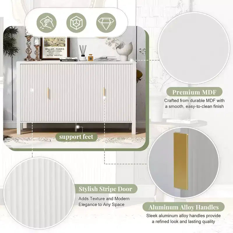 GDFStudio Flores Modern 57.5 Stripe Door Storage Cabinet, 4-Door Sideboard with Side Hooks