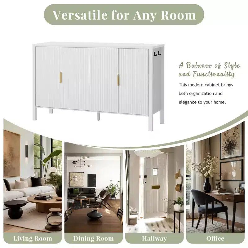GDFStudio Flores Modern 57.5 Stripe Door Storage Cabinet, 4-Door Sideboard with Side Hooks