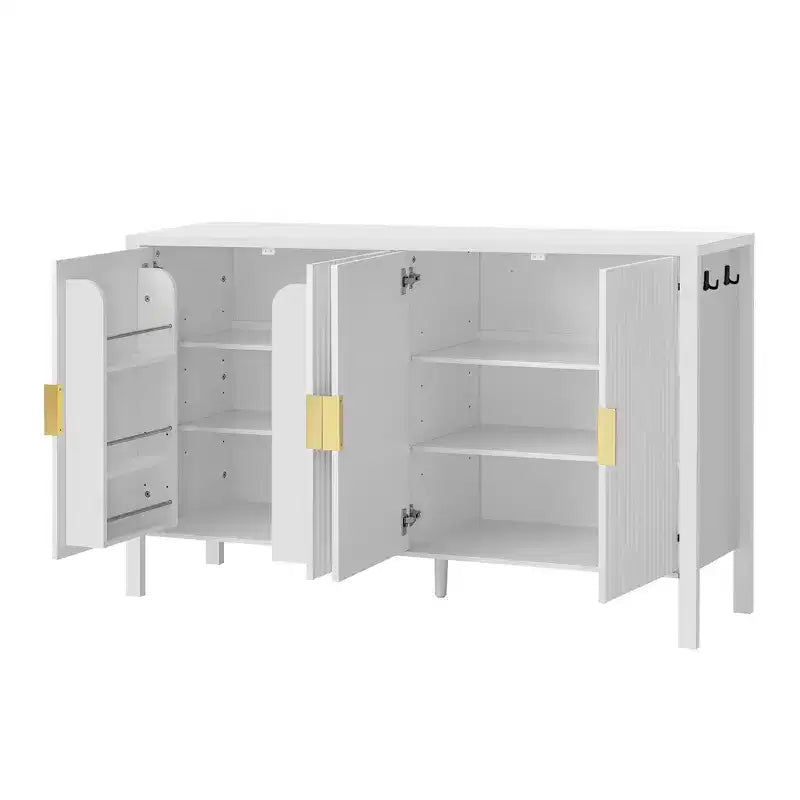 GDFStudio Flores Modern 57.5 Stripe Door Storage Cabinet, 4-Door Sideboard with Side Hooks