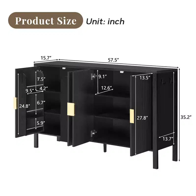GDFStudio Flores Modern 57.5 Stripe Door Storage Cabinet, 4-Door Sideboard with Side Hooks