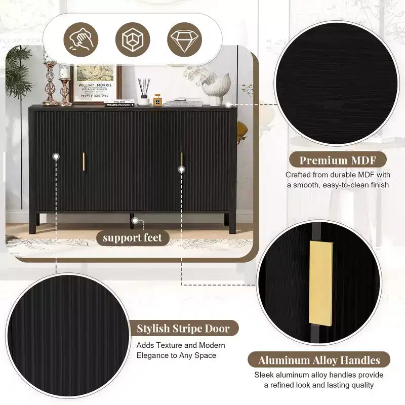 GDFStudio Flores Modern 57.5 Stripe Door Storage Cabinet, 4-Door Sideboard with Side Hooks