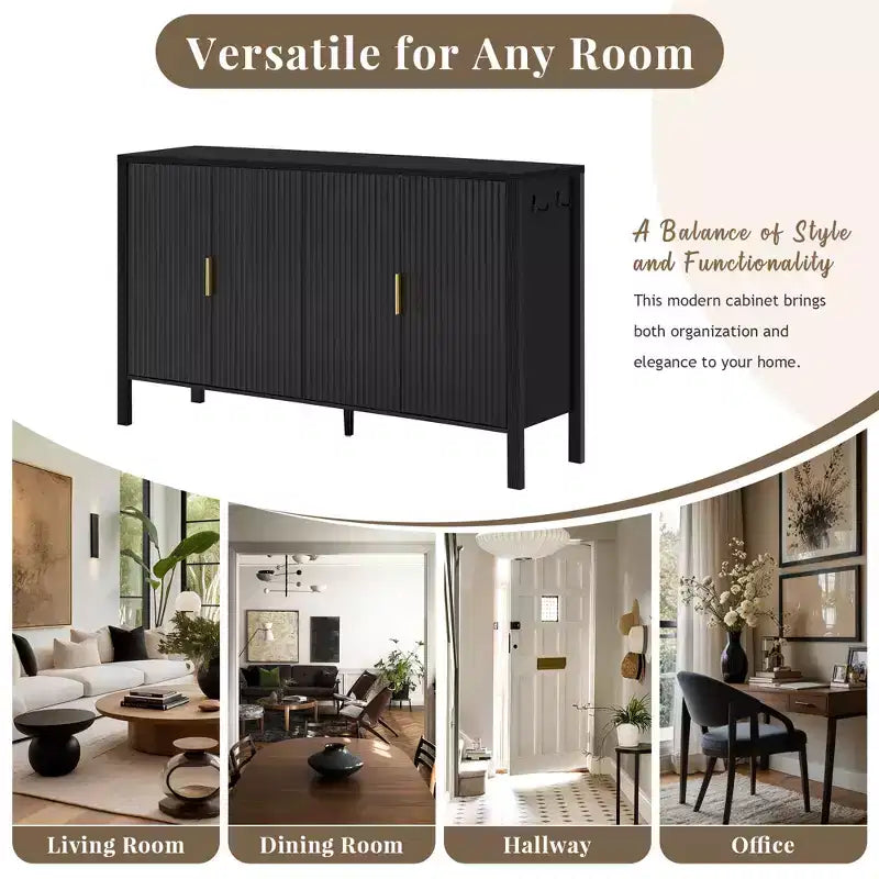 GDFStudio Flores Modern 57.5 Stripe Door Storage Cabinet, 4-Door Sideboard with Side Hooks