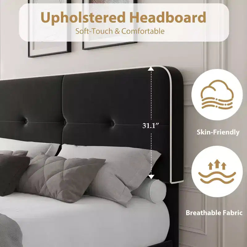 Velvet Upholstered Platform Bed Frames with Adjustable Headboard for Bedroom, No Box Spring Needed