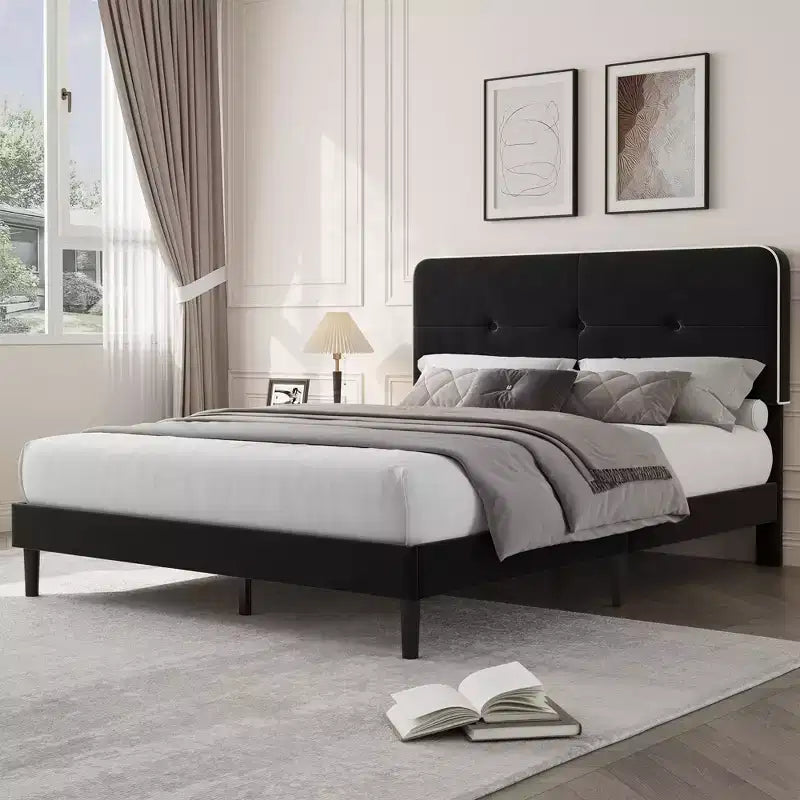 Velvet Upholstered Platform Bed Frames with Adjustable Headboard for Bedroom, No Box Spring Needed