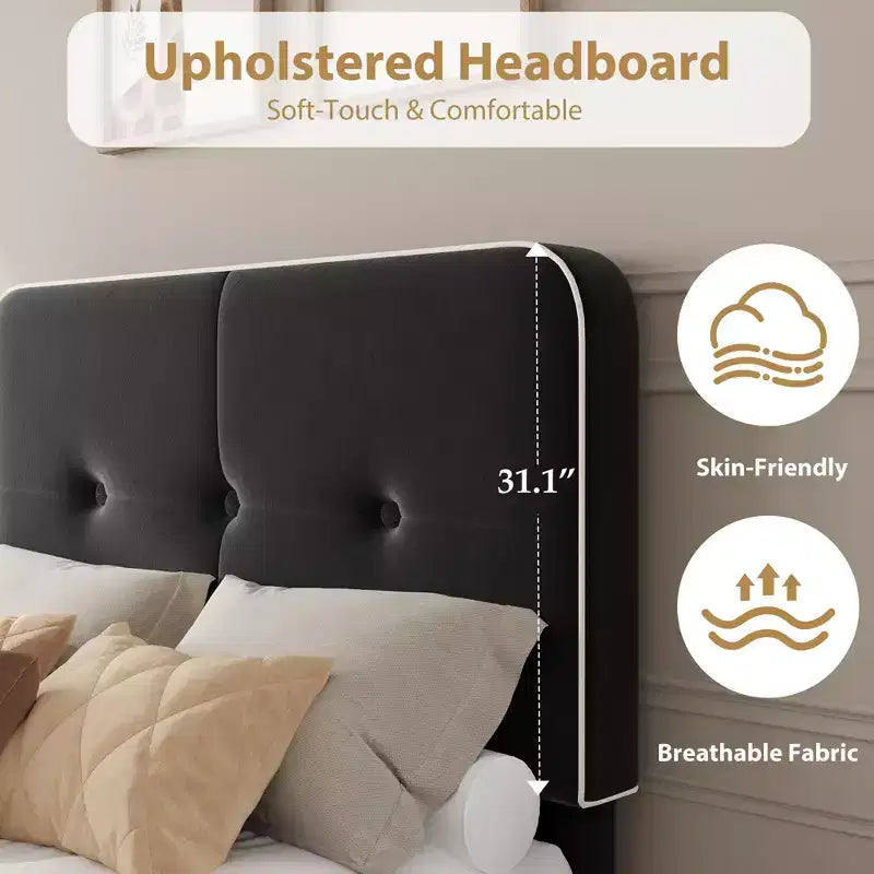 Velvet Upholstered Platform Bed Frames with Adjustable Headboard for Bedroom, No Box Spring Needed