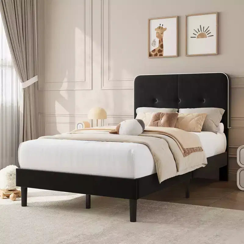 Velvet Upholstered Platform Bed Frames with Adjustable Headboard for Bedroom, No Box Spring Needed