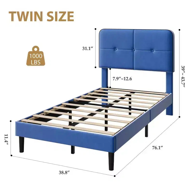 Velvet Upholstered Platform Bed Frames with Adjustable Headboard for Bedroom, No Box Spring Needed